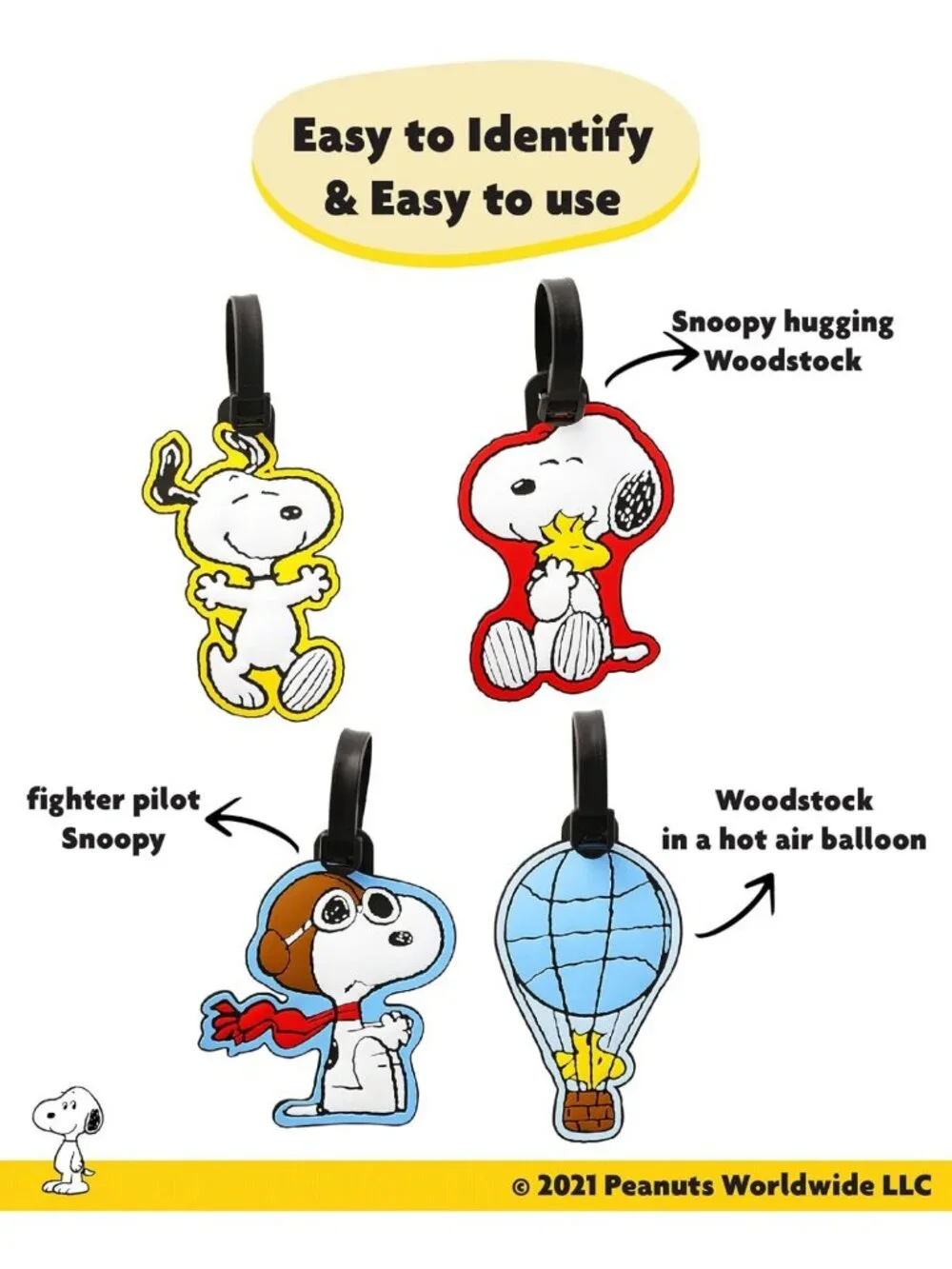 4-Pack Cute Snoopy & Woodstock Luggage Tags - PVC Travel Bag Tags for Backpacks